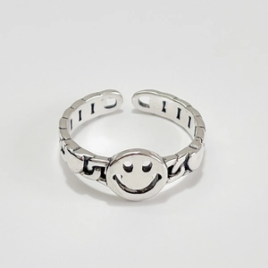 Retro 925 sterling silver smile face open ring with vintage chain link design