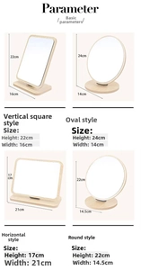 Detailed dimension chart for square, oval, and round wooden desktop makeup mirrors