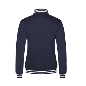 Detailed back view of navy blue varsity jacket with white striped ribbed collar and hem