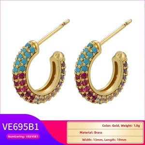 Detailed specs of gold brass C-shaped hoop earrings with colorful pavé cubic zirconia