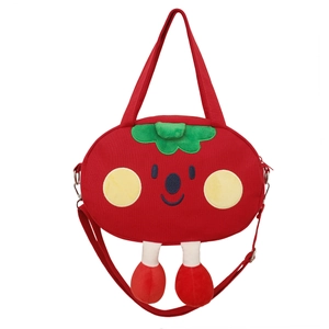 Cute red tomato-shaped canvas crossbody bag with 3D plush feet for women and students