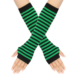 Detail view of black and green striped knit fingerless arm warmers on hands