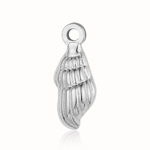 Detail of silver wing pendant in stainless steel with realistic feather texture