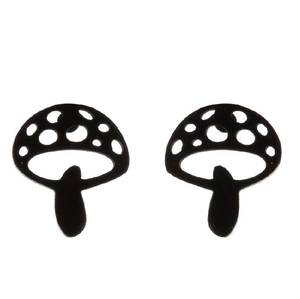 Minimalist black mushroom stud earrings in stainless steel with a cutout dot design
