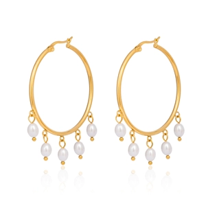 Detail of gold hoop earrings with five white pearl pendants and back closure design