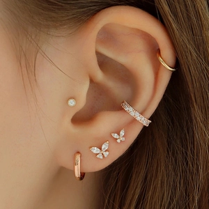 S925 Sterling Silver butterfly stud and ear cuffs set with gold plating for women