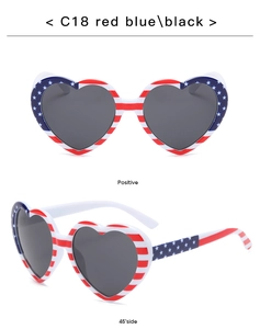 Detailed views of heart-shaped sunglasses featuring the iconic American flag pattern