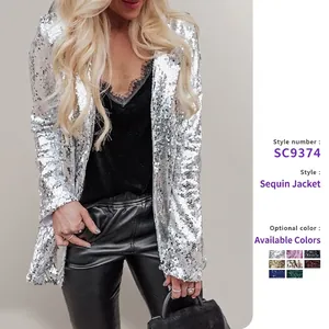 Women Sequin Blazer Jacket Long Sleeve Lapel Collar Mid Length Slim Fit Sequined Mesh Outerwear For Party Evening Club