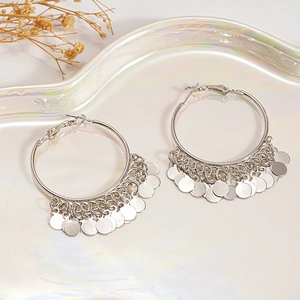 S925 silver multi-layered metal disk hoop earrings with polished fringe charms