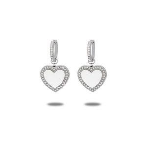 Close-up of heart earrings with silver finish, white inlay, and sparkling pavé crystals