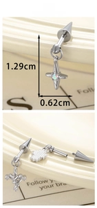 Detail view of silver stainless steel cross stud earring with dimensions and screw back