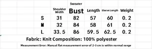 Detailed size chart and measurement guide for women's knitted polyester sweater S-L