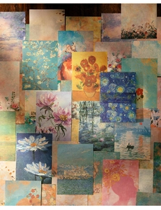 Flat lay of vintage impressionist oil painting decorative scrapbooking paper set