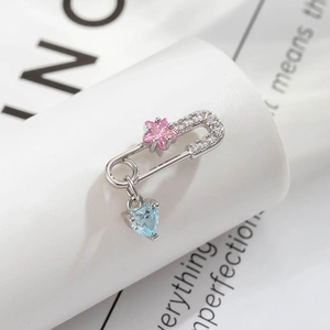 Silver paperclip earring with pink star and blue heart gemstone pendants for women