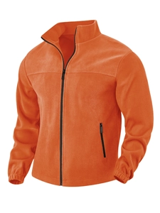 Detailed texture of orange polar fleece jacket featuring stand collar and black zippers