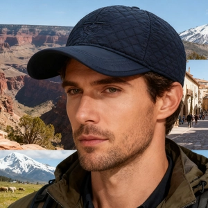 Men's navy blue quilted winter baseball cap with ear flaps and diamond stitch pattern