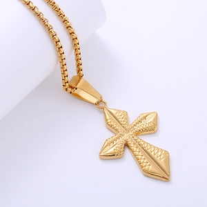 Polished gold plated stainless steel cross pendant necklace with geometric relief for men
