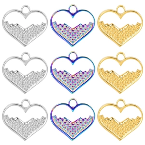 Stainless Steel Heart Pendant Hollow Textured Gold Rainbow Plated Rhinestone Charm For DIY Jewelry Making Accessories