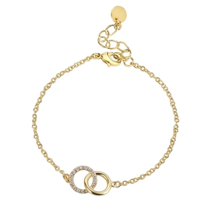 Minimalist gold-plated double circle bracelet with sparkling cubic zirconia on white background