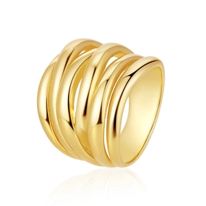 Close-up of multi-layer gold-plated titanium steel ring with polished finish