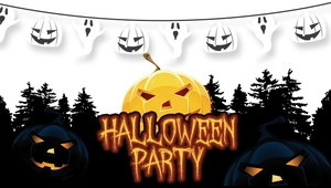 Close-up of Halloween party banner with paper ghosts, glowing pumpkins, and spooky forest