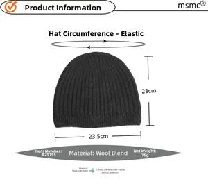 Detailed view of black wool blend knit beanie showing ribbed texture and 23cm x 23.5cm size