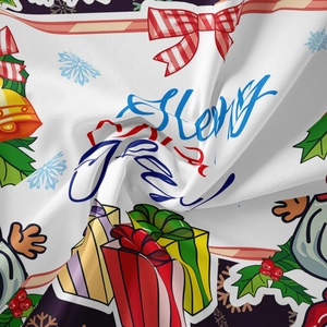 Detailed view of Merry Christmas print on soft white polyester fabric with holiday patterns
