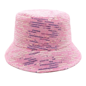 Detail view of pink sequin bucket hat showing shimmering fabric texture and reflective finish