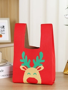 Festive red knit tote bag with reindeer pattern for Christmas holiday gift giving