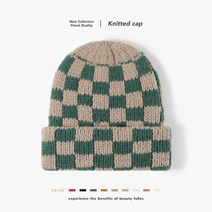 Checkerboard Knitted Beanie Faux Rabbit Fur Warm Winter Hat For Women Cuffed Retro Soft Thick Cozy Elastic Fashion Headwear