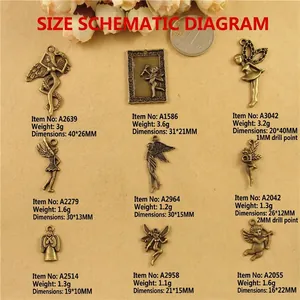 Set of 9 bronze vintage angel and fairy charms for DIY jewelry making with dimensions