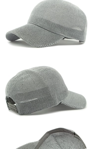 Detailed views of gray breathable mesh baseball cap with adjustable strap and curved brim
