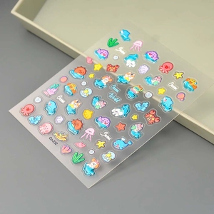 Autocollants ongles 3D en relief thème océan avec méduses et dauphins sur film clair