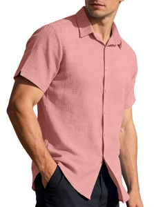 Detailed close-up of light pink short-sleeved cotton shirt with button-down collar texture