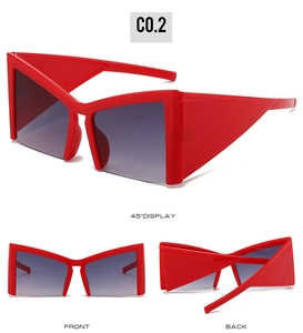 Multi-angle view of oversized red cat eye sunglasses with gray gradient lenses