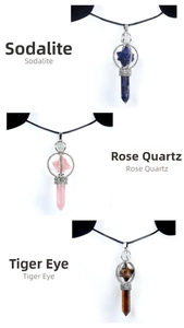 Detailed view of hexagonal crystal pendants in sodalite, rose quartz, and tiger eye stones