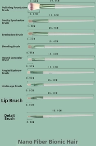 Detailed dimensions of eyeshadow and foundation brushes with soft bionic fiber bristles