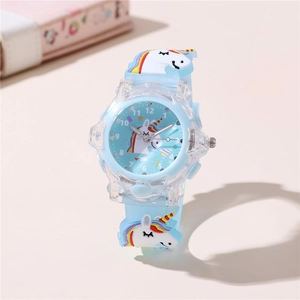 Detailed view of kids quartz watch with 3D cartoon unicorn on light blue silicone strap