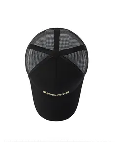 Top view of black mesh trucker hat with gold SPORTS embroidery and breathable crown