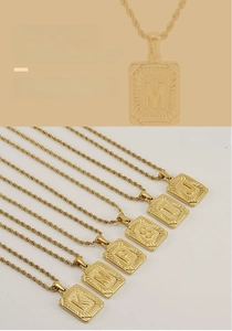Detail of 18K gold plated square letter pendants with rope chain for hip hop style