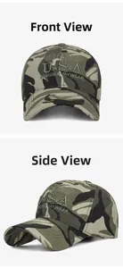 Front and side views of camouflage baseball cap with USA 3D embroidery detail