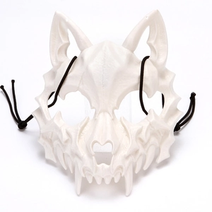 Detailed view of bone-white animal skull mask with black elastic strap for cosplay