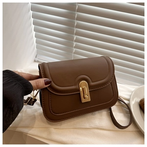 Nahaufnahme der dunkelbraunen Vintage-Ledertasche mit goldenem Metall-Steckverschluss