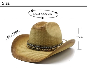 Detail view of straw cowboy hat showing 57-58cm size and 9cm brim dimensions