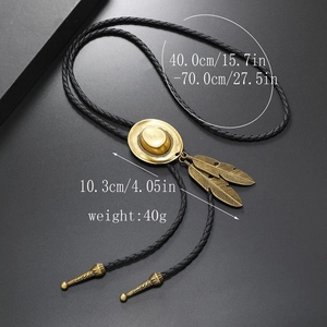 Vintage western bolo tie with brass cowboy hat and feather pendant on black PU leather cord