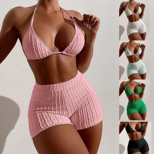 Women Bikini Swimsuit Halter Neck Top And High Waisted Shorts Ribbed Knit Pointelle Textured Solid Color Bathing Suit