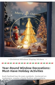 Stickers sapin de Noël doré avec lettrage Merry Christmas sur vitrine en verre