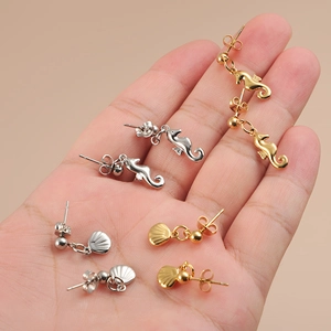Boucles D'oreilles Pendantes Hippocampe Coquillage Baleine Acier Inoxydable 304 Plaqué Or 18K Bijoux Minimalistes Femme