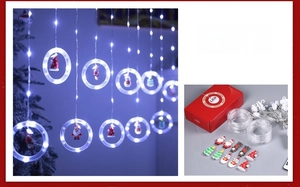 Cold white LED curtain lights with Santa ornaments and retail gift box packaging