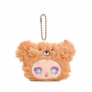 Cute brown plush elf animal keychain with soft fur and purple embroidered eyes